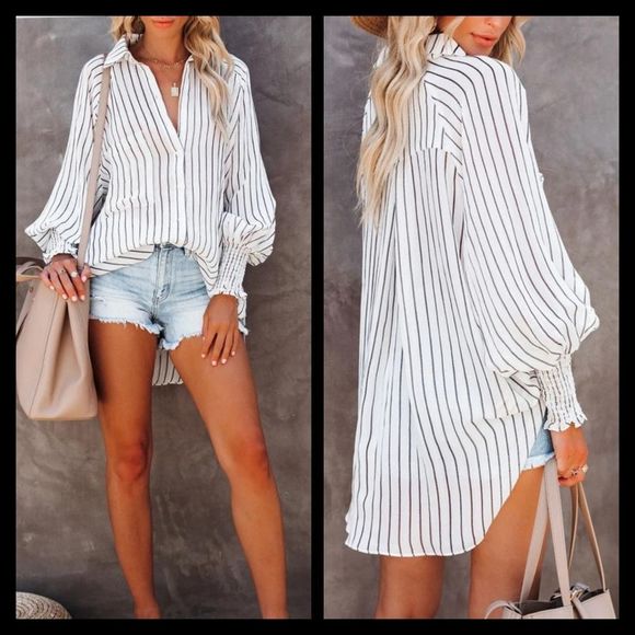 Women's PLUS White Striped Oversized Shirred Lantern Sleeve Button Blouse XL - Picture 3 of 10